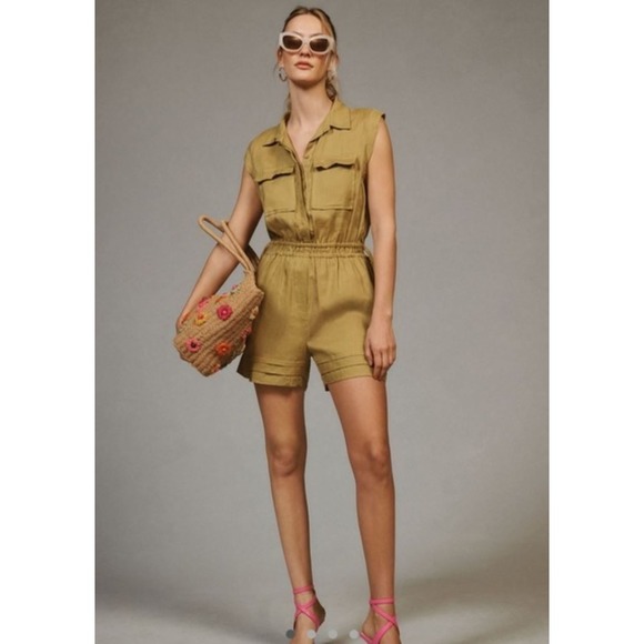MON RENN Anthropologie Lela Linen Sleeveless Utility Romper Playsuit Green Sz M